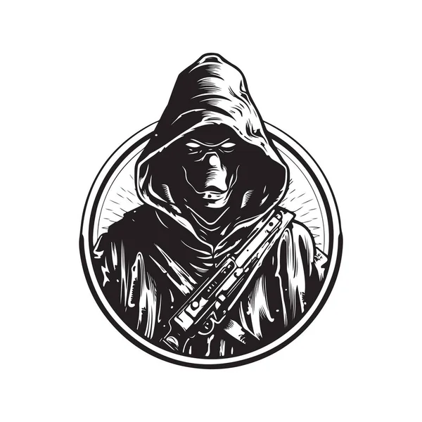 ステルス秘密暗殺者ヴィンテージロゴラインアートコンセプト黒と白手描きイラスト — ストックベクタ