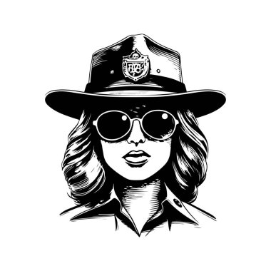 Kadın polis, klasik logo çizgisi sanat konsepti siyah-beyaz renk, el çizimi illüstrasyon