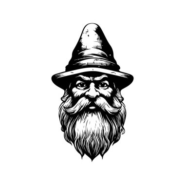 Gnome sakallı, klasik logo çizgisi sanat konsepti siyah beyaz, el çizimi illüstrasyon