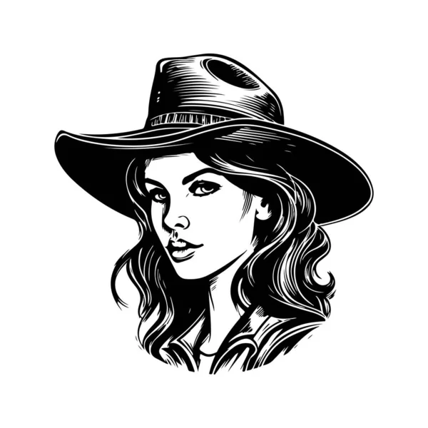 女牛仔 老式标志线条艺术概念黑白色彩 手绘插图 — 图库矢量图片