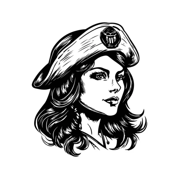 Kvinnlig Pirat Vintage Logo Linje Konst Koncept Svart Och Vit — Stock vektor