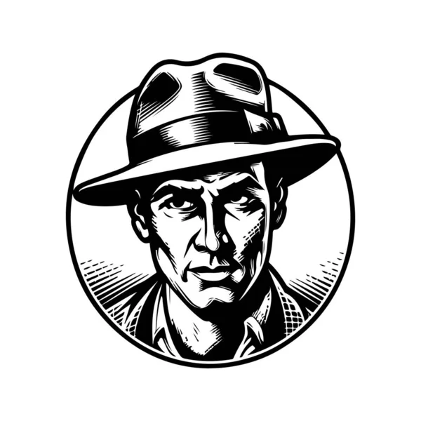 フェドーラ帽子をかぶったギャング ヴィンテージロゴラインアートコンセプト黒と白 手描きイラスト — ストックベクタ
