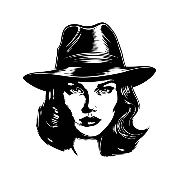 Stock vector gangster woman wearing fedora, vintage logo line art concept black and white color, hand drawn illustration