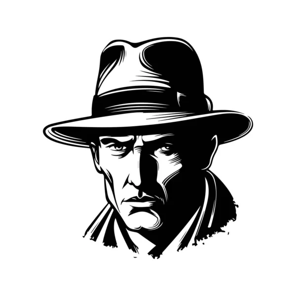 Gangster Portant Chapeau Fedora Vintage Logo Ligne Art Concept Noir — Image vectorielle
