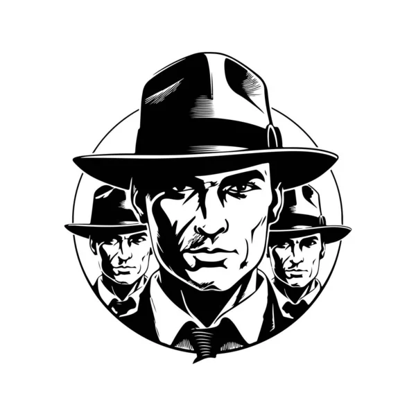 Gangster Con Cappello Fedora Logo Vintage Linea Art Concept Colore — Vettoriale Stock