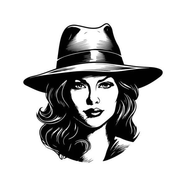 Gangster Femme Portant Fedora Vintage Logo Ligne Art Concept Noir — Image vectorielle