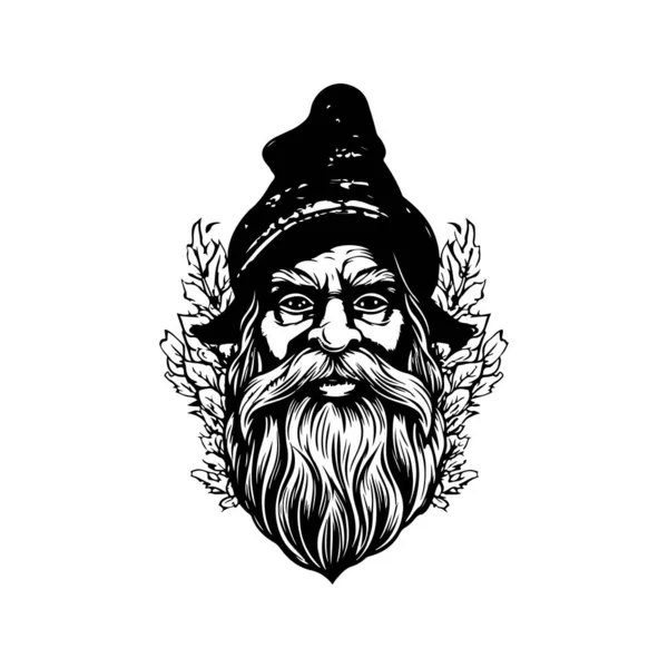 Gnome sakallı, klasik logo çizgisi sanat konsepti siyah beyaz, el çizimi illüstrasyon
