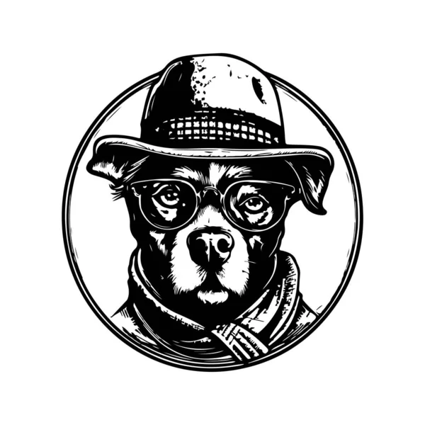 嬉皮士犬 老式标志线条艺术概念黑白色彩 手绘插图 — 图库矢量图片
