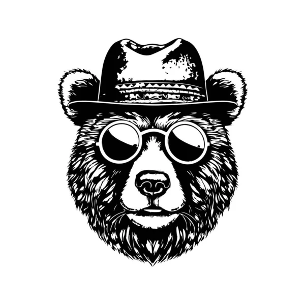 Hipster Bear Vintage Logo Line Art Concept Schwarz Weiß Farbe — Stockvektor