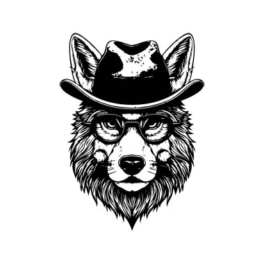 Hipster Wolf, klasik logo çizgisi sanat konsepti siyah beyaz renk, el çizimi illüstrasyon