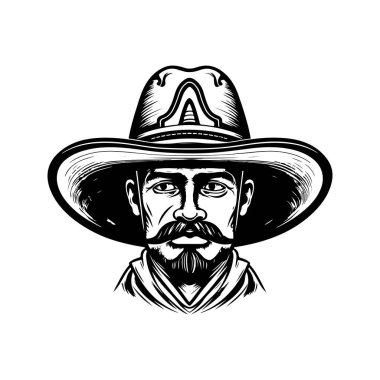 Sombrero şapkalı adam, klasik logo çizgisi sanat konsepti siyah-beyaz, el çizimi illüstrasyon