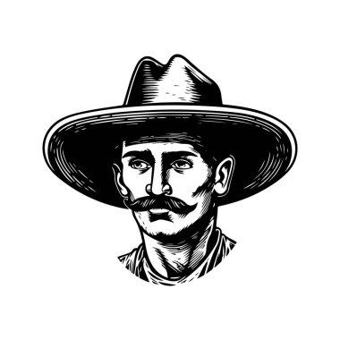 Sombrero şapkalı adam, klasik logo çizgisi sanat konsepti siyah-beyaz, el çizimi illüstrasyon