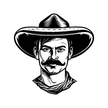 Sombrero şapkalı adam, klasik logo çizgisi sanat konsepti siyah-beyaz, el çizimi illüstrasyon