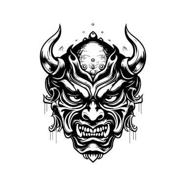 Oni maskesi, klasik logo çizgisi sanat konsepti siyah beyaz renk, el çizimi illüstrasyon