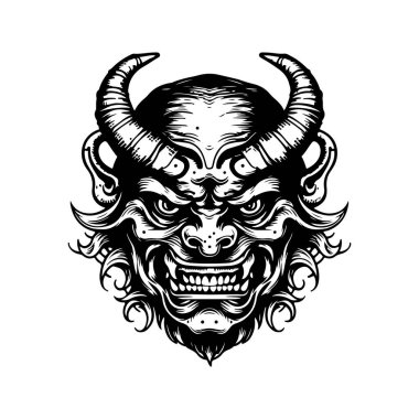 Oni maskesi, klasik logo çizgisi sanat konsepti siyah beyaz renk, el çizimi illüstrasyon