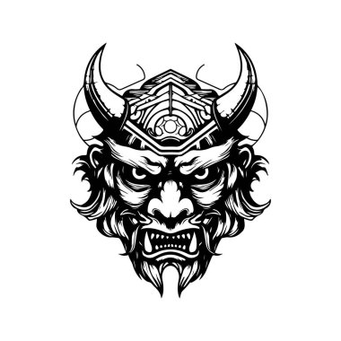 Oni maskesi, klasik logo çizgisi sanat konsepti siyah beyaz renk, el çizimi illüstrasyon