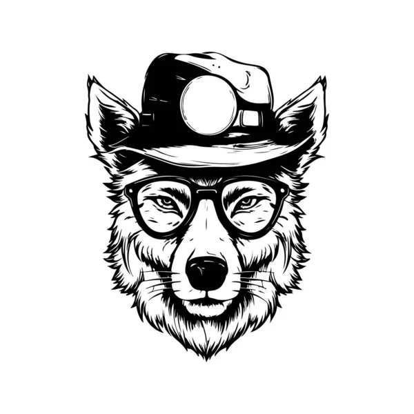 Hipster Wolf Vintage Logo Ligne Art Concept Noir Blanc Couleur — Image vectorielle