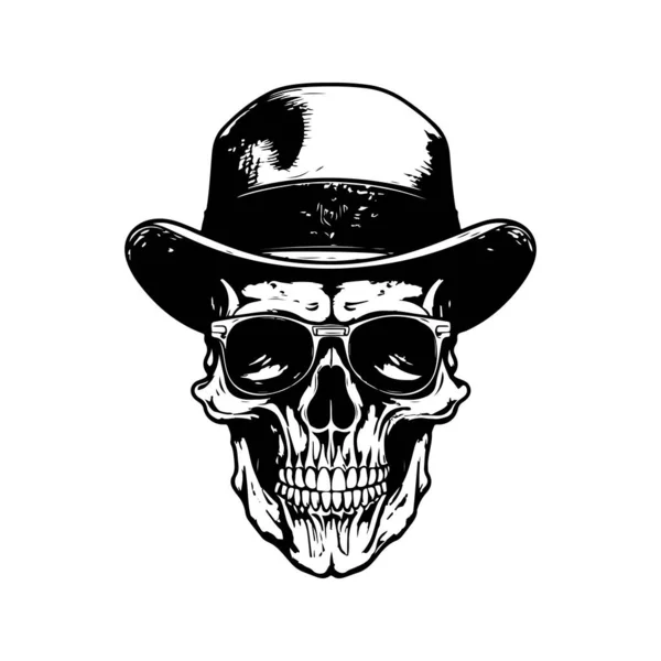Hipster Skull Vintage Logo Line Art Concept Black White Color — Stock Vector