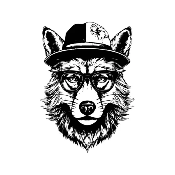 Hipster Wolf Vintage Logo Line Art Concept Black White Color — Stock Vector