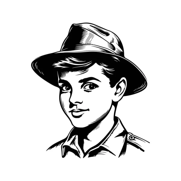 Kid Boy Scout Hat Logo Vintage Linea Art Concept Colore — Vettoriale Stock