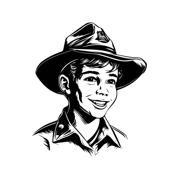 Kid Boy Scout Hat Logo Vintage Linea Art Concept Colore — Vettoriale Stock