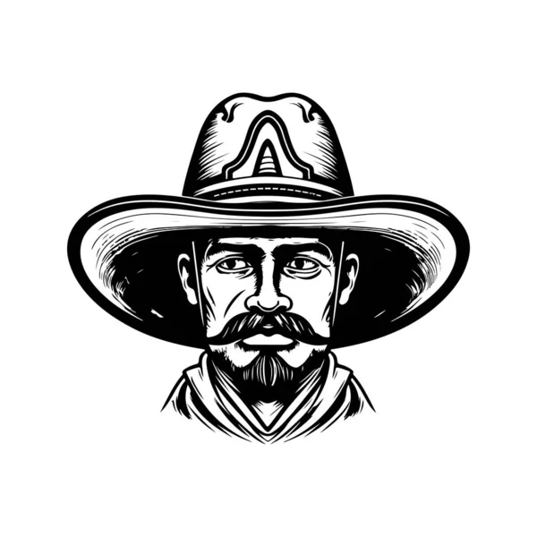 Homme Portant Chapeau Sombrero Vintage Logo Ligne Art Concept Noir — Image vectorielle