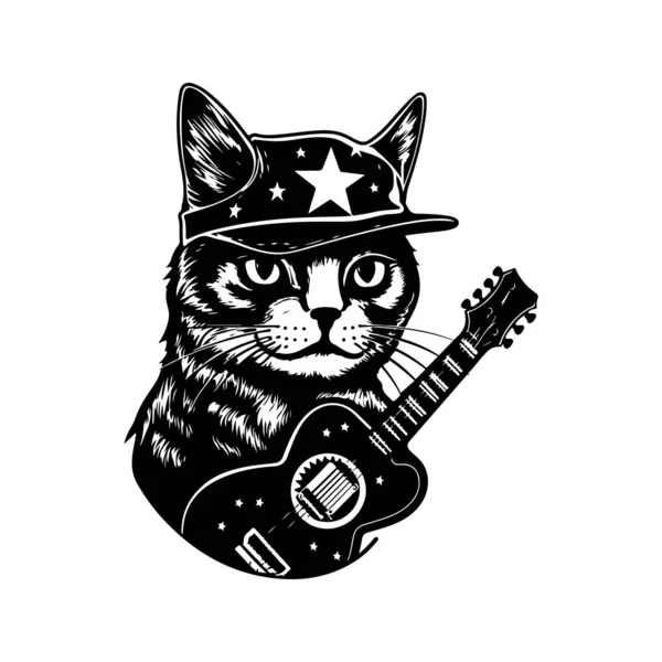 Rockstar Cat Vintage Logo Line Art Concept Schwarz Weiß Farbe — Stockvektor