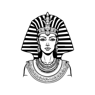 Mısır kraliçesi, klasik logo çizgisi sanat konsepti siyah beyaz renk, el çizimi illüstrasyon