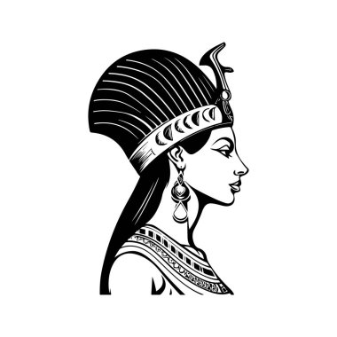 Mısır kraliçesi, klasik logo çizgisi sanat konsepti siyah beyaz renk, el çizimi illüstrasyon