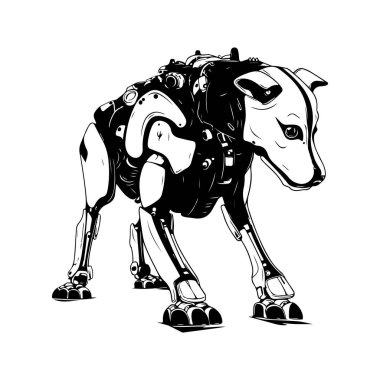 köpek robot makinesi, klasik logo çizgisi sanat konsepti siyah beyaz renk, el çizimi illüstrasyon