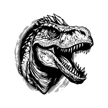 giganotosaurus, klasik logo çizgisi sanat konsepti siyah beyaz renk, el çizimi illüstrasyon
