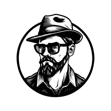 Hipster adam, klasik logo çizgisi sanat konsepti siyah beyaz renk, el çizimi illüstrasyon