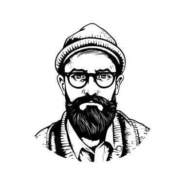 Hipster adam, klasik logo çizgisi sanat konsepti siyah beyaz renk, el çizimi illüstrasyon