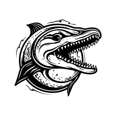 Mosasaurus, klasik logo çizgisi sanat konsepti siyah beyaz renk, el çizimi illüstrasyon