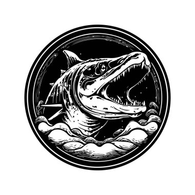 Mosasaurus, klasik logo çizgisi sanat konsepti siyah beyaz renk, el çizimi illüstrasyon