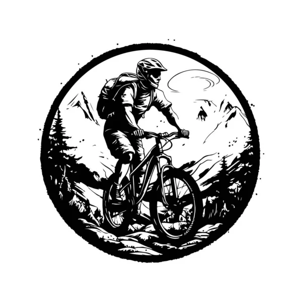 Ekstrem spor dağ bisikletçiliği, klasik logo çizgisi sanat konsepti siyah beyaz renk, el yapımı illüstrasyon