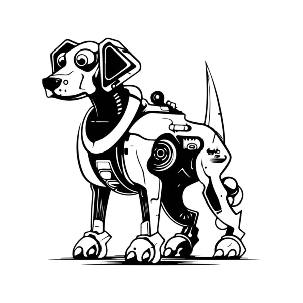 Hond Robot Machine Vintage Logo Lijn Kunst Concept Zwart Wit — Stockvector
