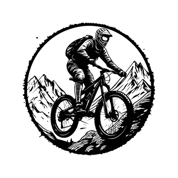 Extremsport Mountainbiken Vintage Logo Linie Kunstkonzept Schwarz Weiß Farbe Handgezeichnete — Stockvektor