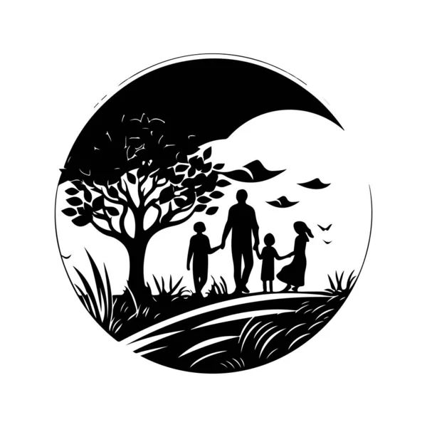 自然界の家族 ヴィンテージロゴラインアートのコンセプト黒と白 手描きイラスト — ストックベクタ