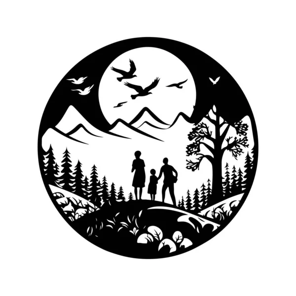 Doğadaki Aileler Klasik Logo Çizgisi Sanat Konsepti Siyah Beyaz Renk — Stok Vektör