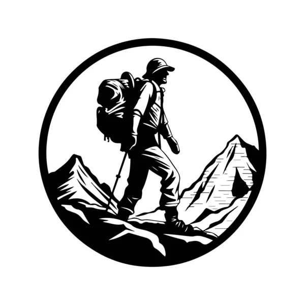 ハイキング ヴィンテージロゴラインアートのコンセプト黒と白 手描きイラスト — ストックベクタ