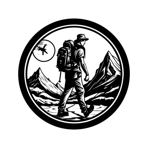 Пішохідний Вінтажний Логотип Концепт Лінії Мистецтва Чорно Білого Кольору Намальована — стоковий вектор