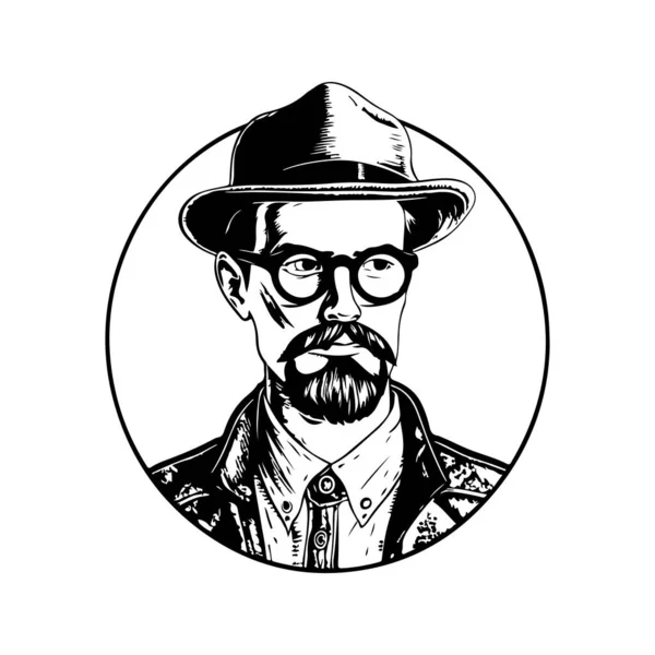Homme Hipster Vintage Logo Ligne Art Concept Noir Blanc Couleur — Image vectorielle