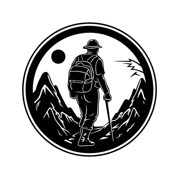 ハイキング ヴィンテージロゴラインアートのコンセプト黒と白 手描きイラスト — ストックベクタ