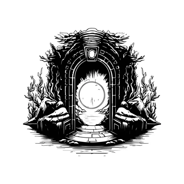 魔法のポータル ヴィンテージロゴラインアートのコンセプト黒と白 手描きイラスト — ストックベクタ