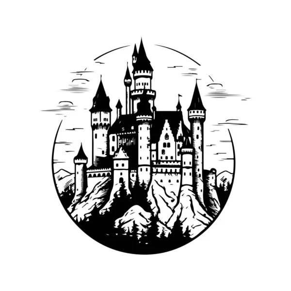 Castelo Medieval Logotipo Vintage Linha Arte Conceito Preto Branco Cor — Vetor de Stock