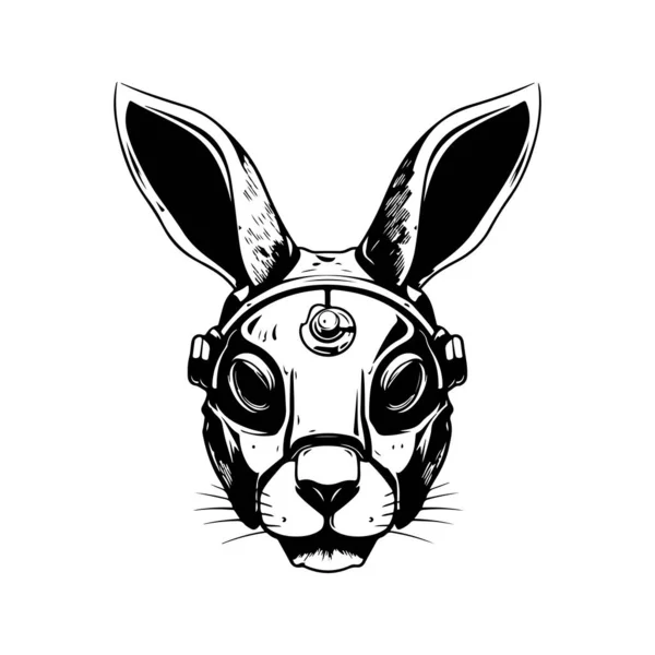 Rabbit Cyborg Vintage Logo Line Art Concept Black White Color — Stock Vector