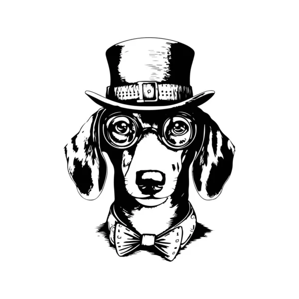 狗戴眼镜 头戴礼帽 古色古香的标志线条艺术概念黑白相间 手绘插图 — 图库矢量图片