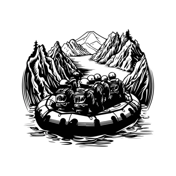 Rafting Logotipo Vintage Linha Arte Conceito Preto Branco Cor Ilustração —  Vetores de Stock