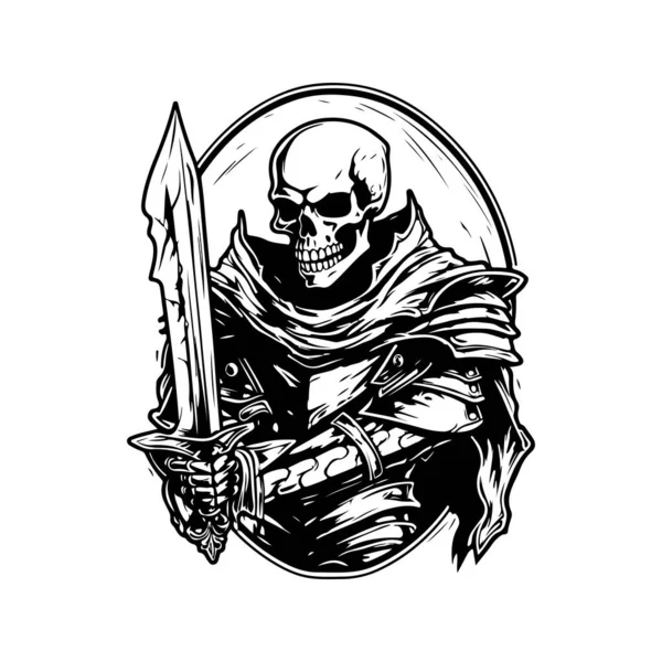 Скелетний Лицар Вінтажний Логотип Лінії Мистецтва Концепція Чорно Білого Кольору — стоковий вектор